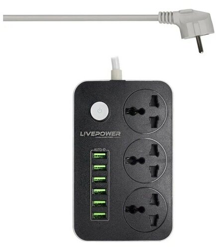 Сетевой фильтр, удлинитель, сетевой удлинитель с 3 розетками, 6 usb входов, выключатель на корпусе, универсальная вилка - фото 1