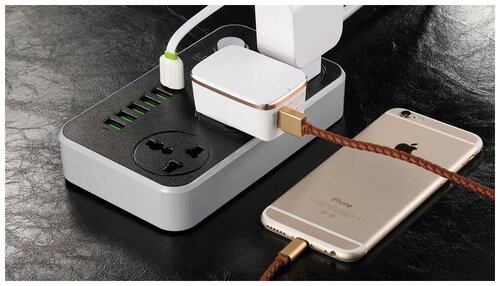 Сетевой фильтр, удлинитель, сетевой удлинитель с 3 розетками, 6 usb входов, выключатель на корпусе, универсальная вилка - фото 2