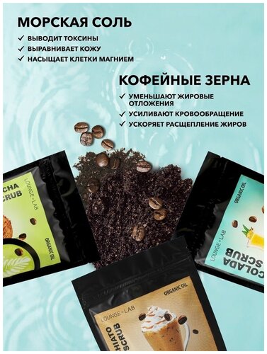 LOUNGE LAB Набор кофейных антицеллюлитных скрабов для тела и кожи, натуральный скраб сухой, 3 шт по 200 г (Пина Колада, Кокос Матча, Латте Макиато) - фото 5