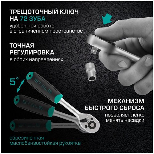 Набор инструментов, 1/2",3/8", 1/4", CrV, пластиковый кейс 142 предм., Stels - фото 2