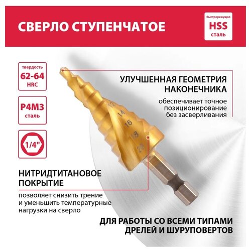Сверло ступенчатое, 4-6-8-10-12-14-16-18-20 мм, HSS, спиральный проф., шестигр. хвостовик, MATRIX 72356 - фото 1