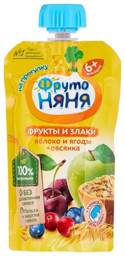 Пюре ФрутоНяня фрукты и злаки. Яблоко и ягоды + овсянка (с 6 месяцев), 130 г, 1 шт. - фото 1