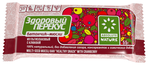 Злаковый батончик Absolute NATURE Здоровый перекус без сахара с клюквой, 55 г - фото 1