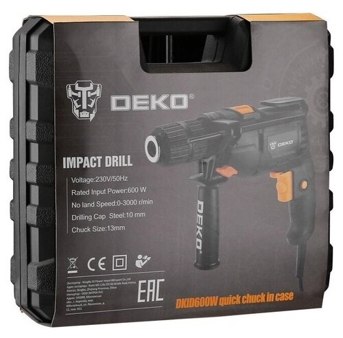 Дрель ударная сетевая DEKO DKID600W в кейсе с быстрозажимным патроном, 600 Вт, 50 Нм, 3000 об/мин, 44800 уд/мин - фото 3