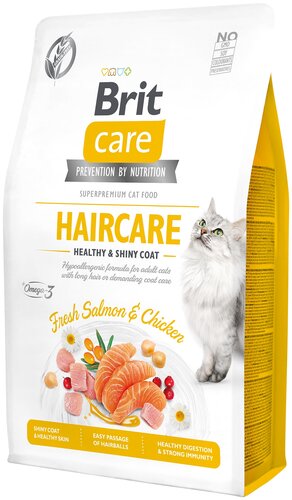 Сухой корм для кошек Brit Care забота о шерсти: здоровье и сияние, беззерновой, гипоаллергенный, с лососем и курицей - фото 1