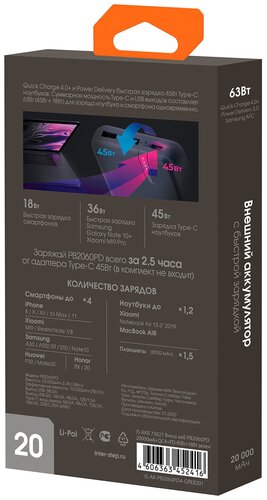 Внешний аккумулятор INTERSTEP PB2060PD 20000мАч QC4+PD 45Вт+18Вт зеленый - фото 3