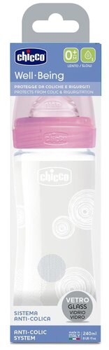 Chicco Бутылочка из стекла с соской из силикона Well-Being GL, 240 мл new, с рождения - фото 5